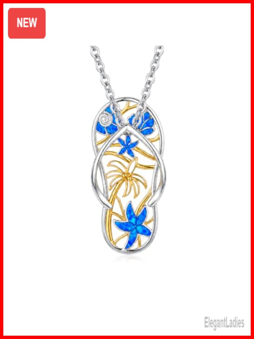 Flip Flop Pendant Necklace Blue Opal 18" Beach Summer Jewelry